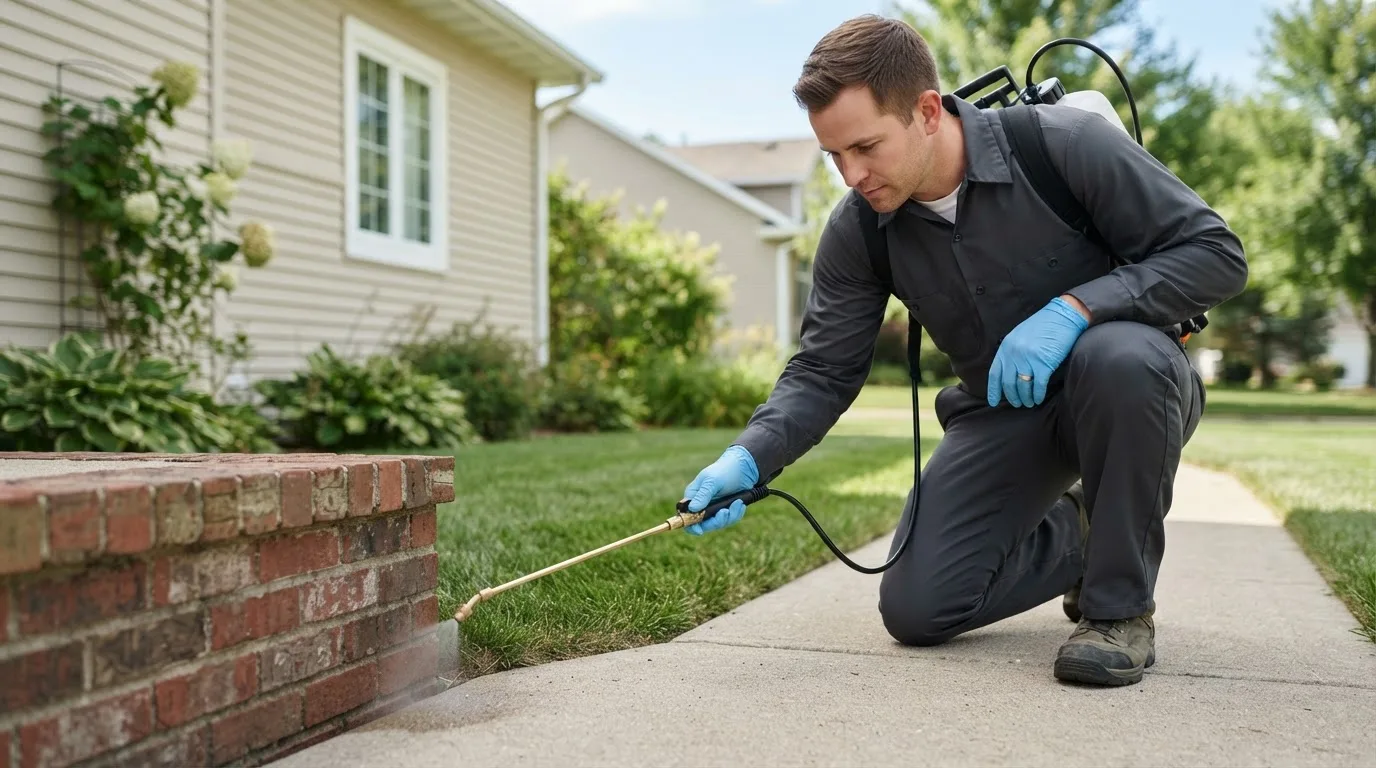 Pest control technician treating a home near Eakly, OK